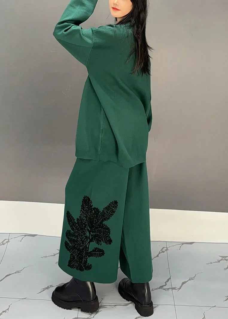 Blackish Green Sweatshirt and Wide Leg Pants Cotton Two Piece Set Embroidered Fall