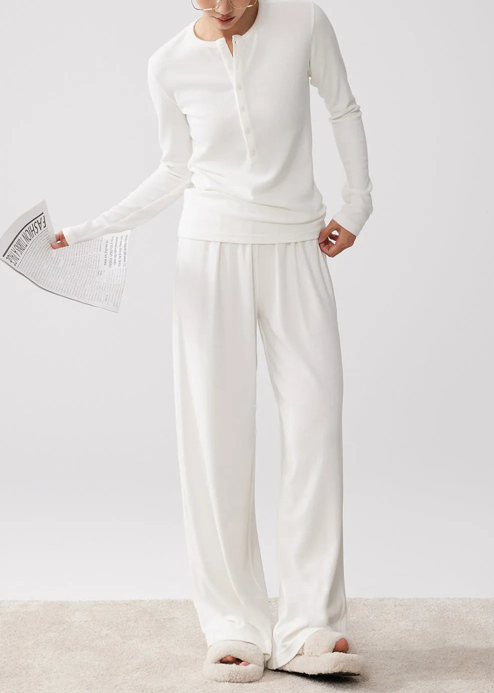 Simple White O Neck Button T Shirt and Wide Leg Pants Cotton Two-piece Set Fall