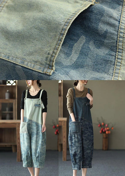 Light Blue Pockets Patchwork Jumpsuit Crop Pants