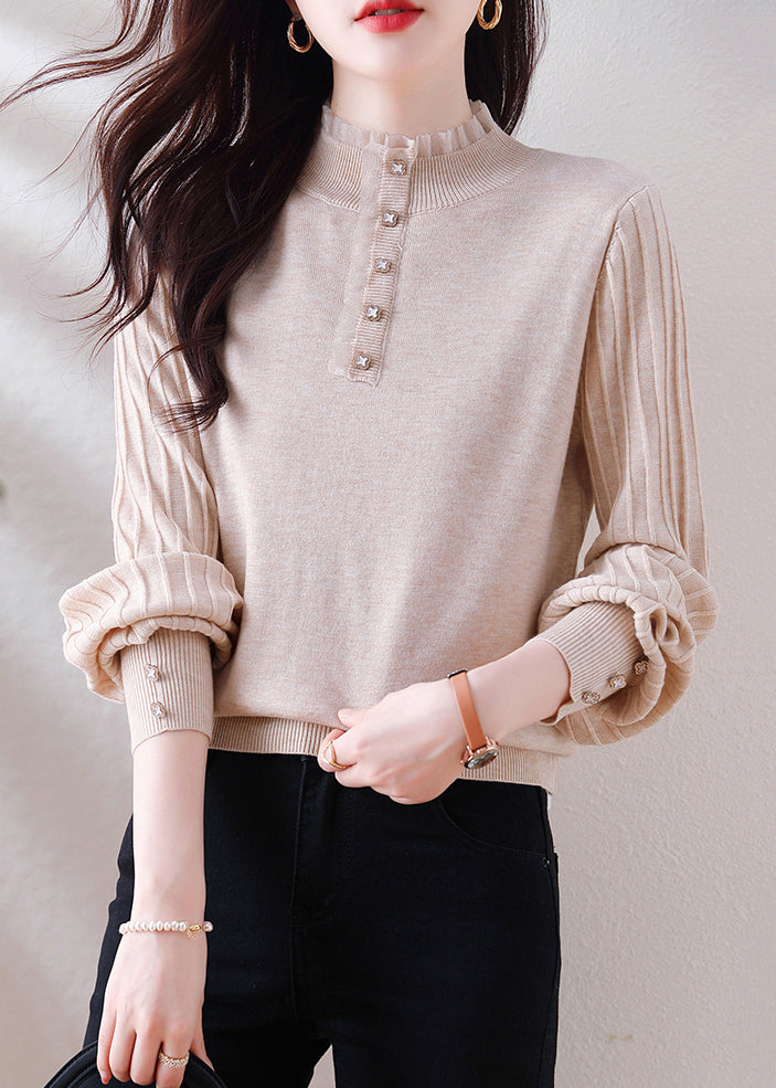 Oatmeal Ruffled Button Patchwork Woolen Sweater Spring
