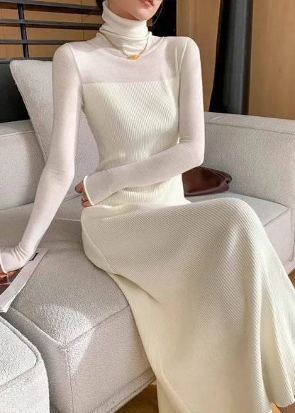 Slim Fit White Turtleneck Knit Long Dress Winter