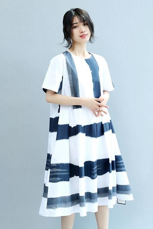 Round Neck Blue White Wide Stripe Summer Chiffon Loose Fitting Dresses