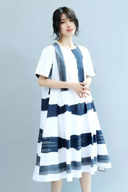 Round Neck Blue White Wide Stripe Summer Chiffon Loose Fitting Dresses
