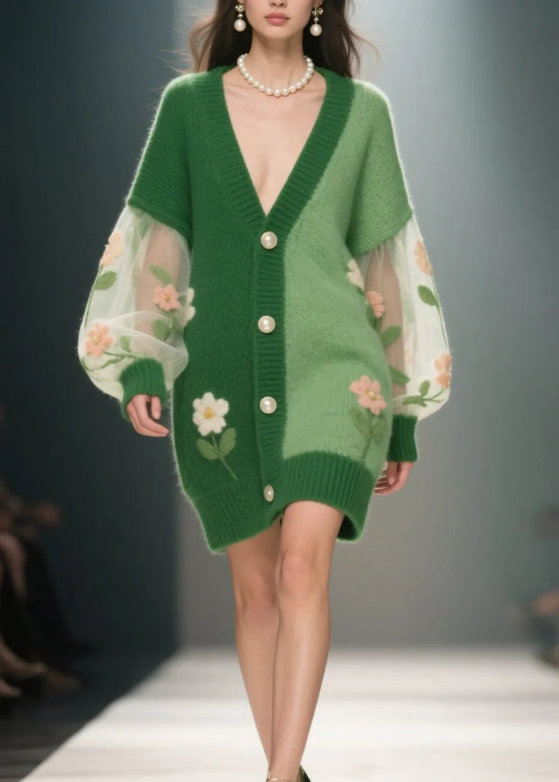 Green V Neck Patchwork Knit Cardigan Fall