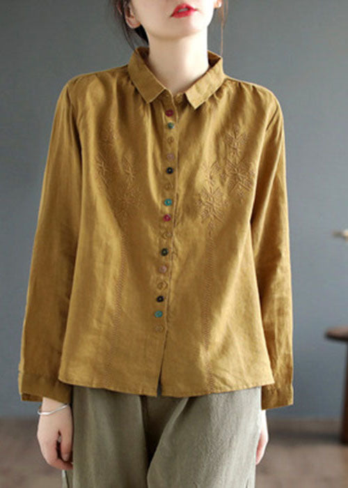 Green Linen Loose Shirts Embroidered Button Fall