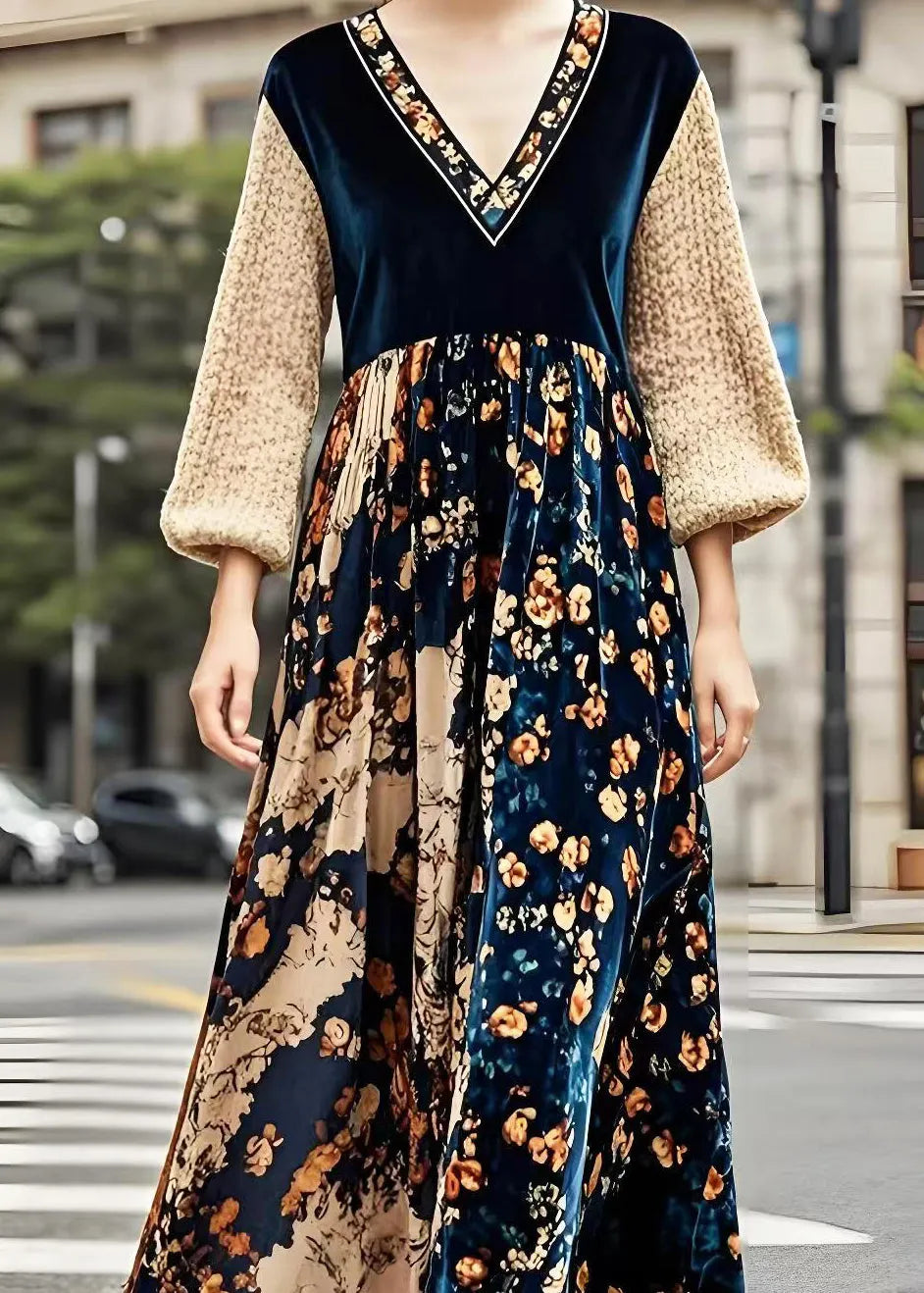 V Neck Patchwork Print Silk Velvet Maxi Dresses Spring