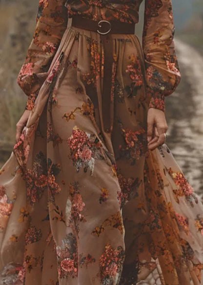 Caramel V Neck Print Exra Large Hem Chiffon Dress Fall