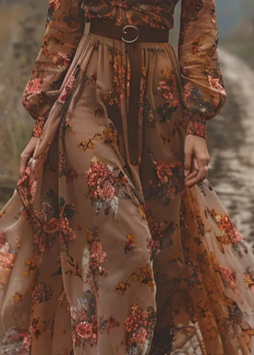 Caramel V Neck Print Exra Large Hem Chiffon Dress Fall
