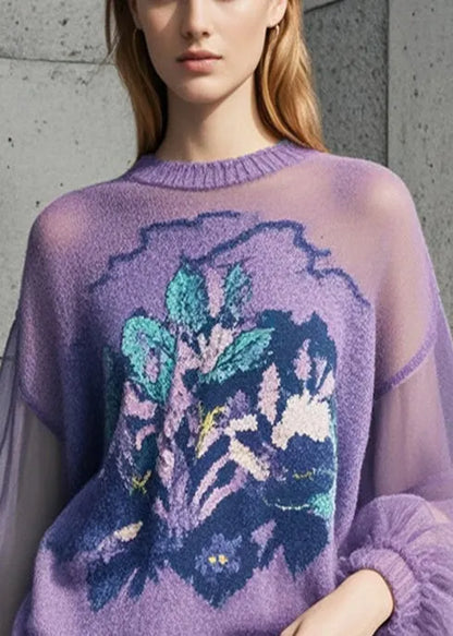 Purple Print Hollow Out Knit Pullover Fall
