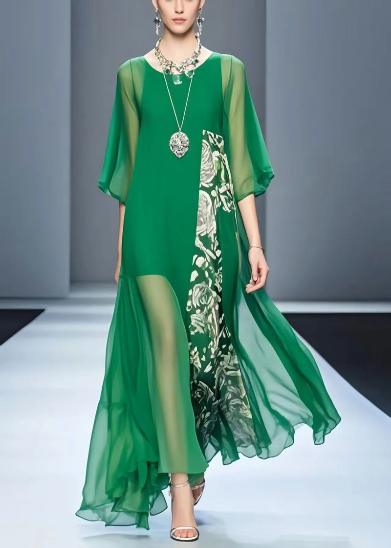 Loose Tea Green Asymmetrical Patchwork Chiffon Dress Summer