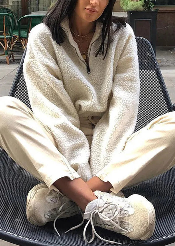 White Zip Up Patchwork Faux Fur Pullover Tops Fall