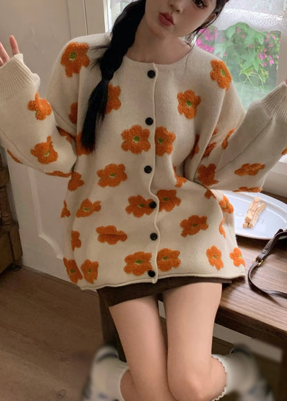 Apricot Cotton Knit Sweater Coats Long Sleeve
