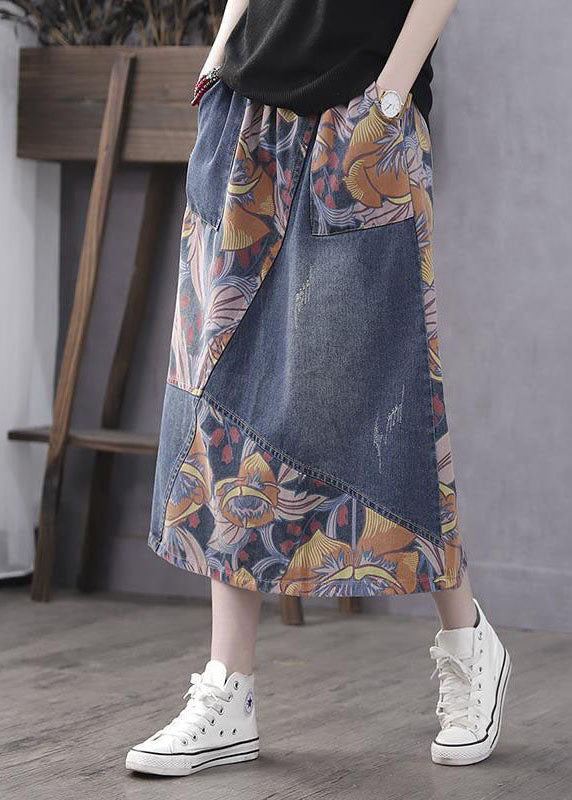 Blue Pockets Print Patchwork Elastic Waist Denim Skirt Spring