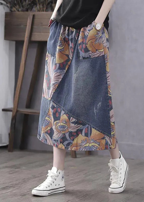 Blue Pockets Print Patchwork Elastic Waist Denim Skirt Spring