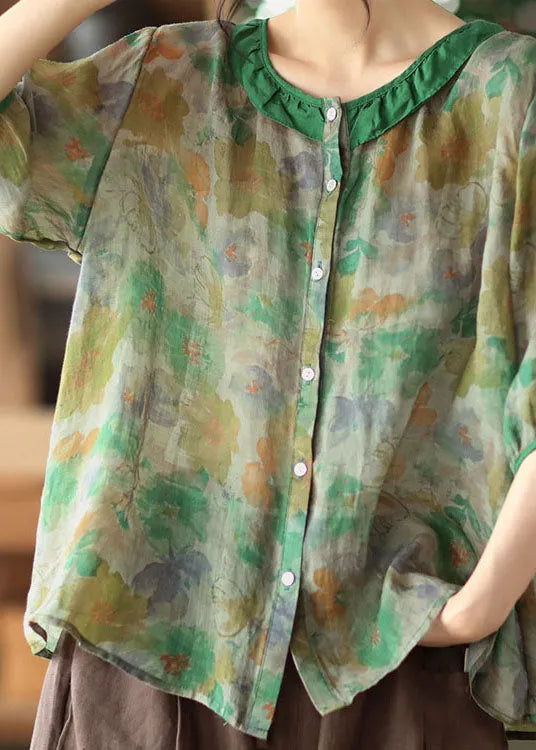 Simple Reddish Black O Neck Patchwork Print Linen Shirt Tops Half Sleeve