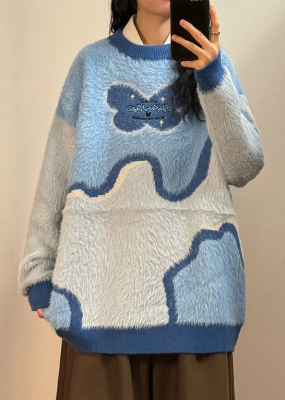 Blue Asymmetrical Fluffy Patchwork Knit Sweaters