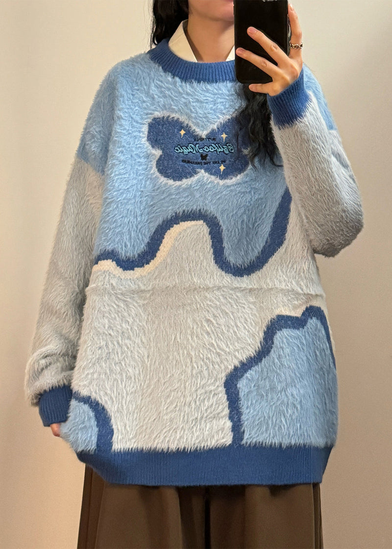Blue Asymmetrical Fluffy Patchwork Knit Sweaters