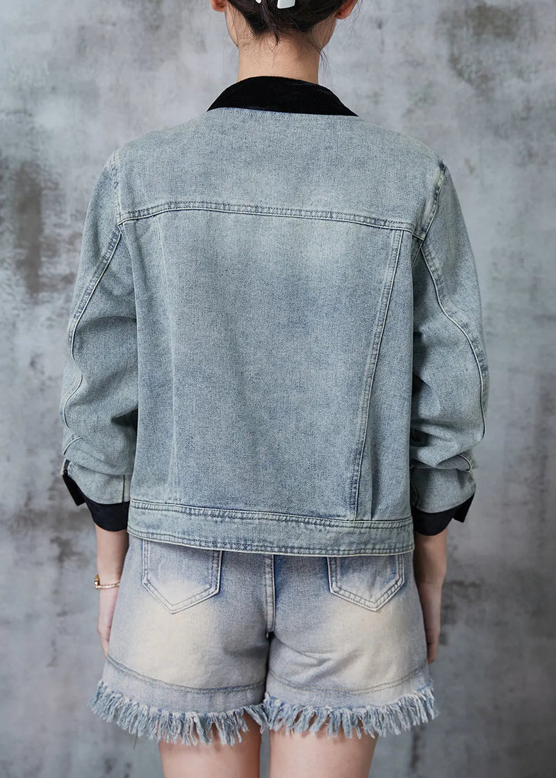 Blue Grey Mandarin Collar Patchwork Chinese Button Denim Coat Fall