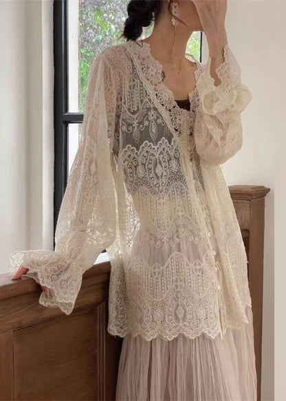 Apricot V Neck Button Lace Shirt Butterfly Sleeve