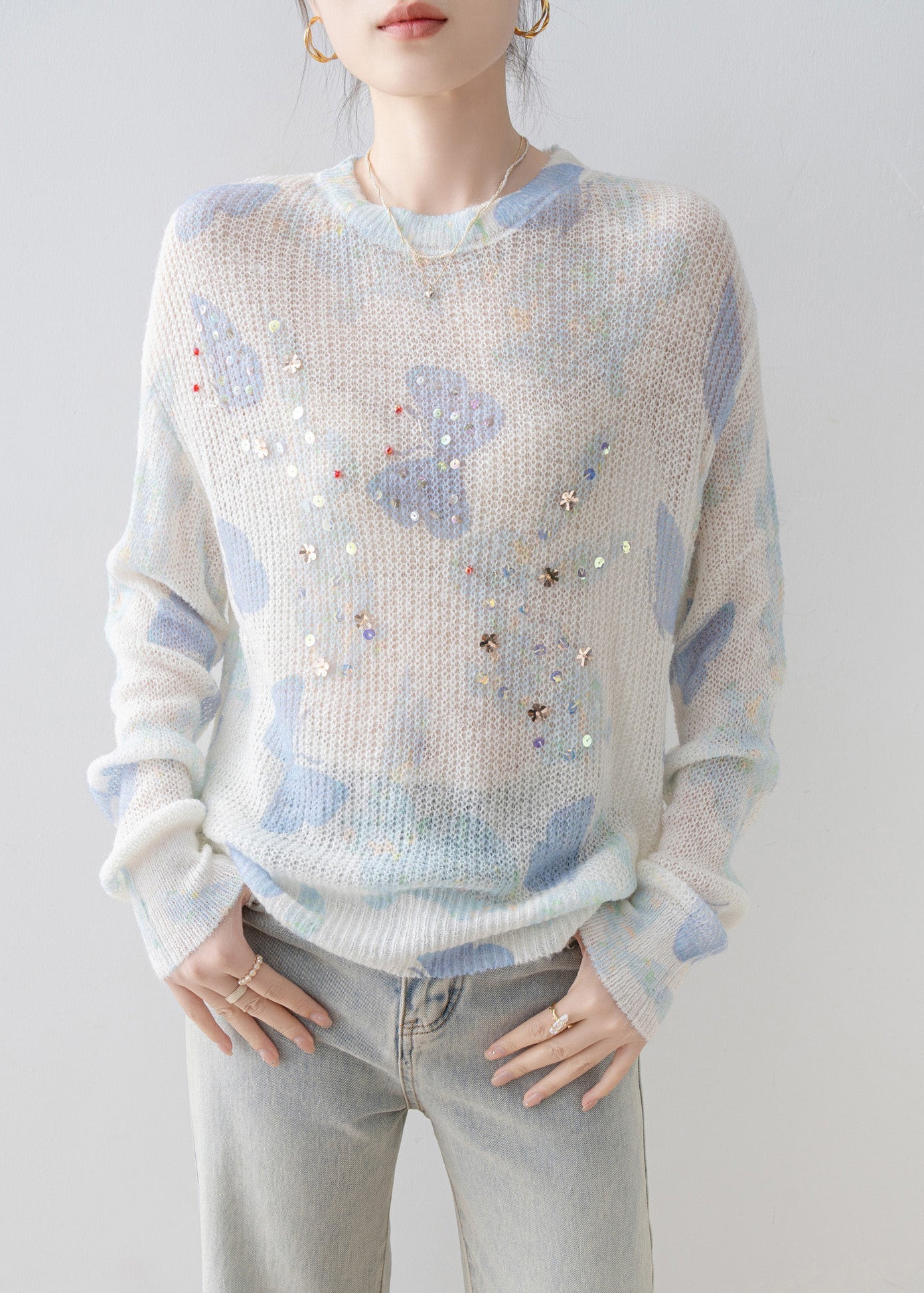 New Stylish O Neck Sequins Knit Top Spring