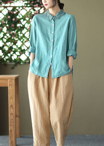 Blue Embroidered Patchwork Linen Blouse Top Long Sleeve