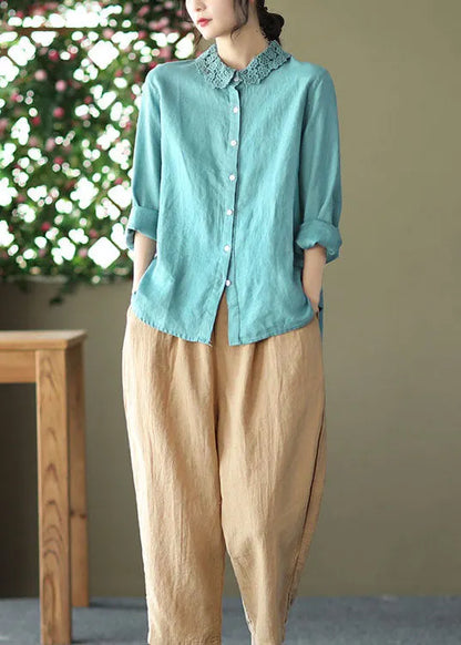 Blue Embroidered Patchwork Linen Blouse Top Long Sleeve
