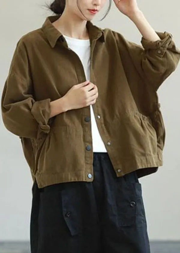 Army Green Ruffled Pockets Color Cotton Jacket Long Sleeve