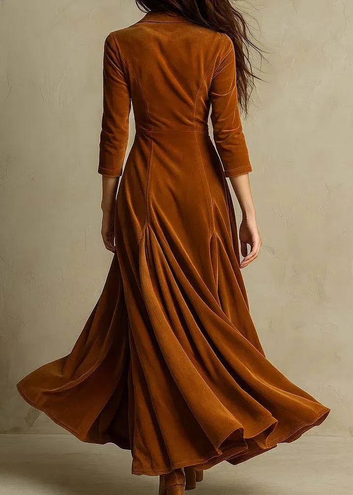 Original Design Brown Peter Pan Collar Velour Dress Autumn