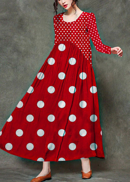 Red Polka Dot Stitching O-neck Wrinkled Long Dresses Sleeveless