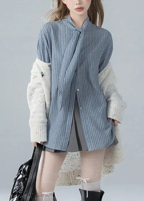 French Blue Striped Bow Cotton Shirts Spring