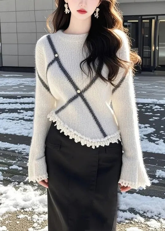 Beige O Neck Patchwork Knit Sweaters Flare Sleeve