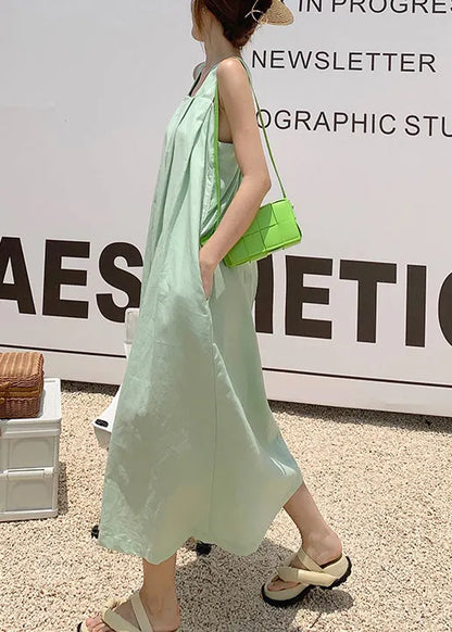 Organic Green Backless Pockets Cotton Long Dresses Summer