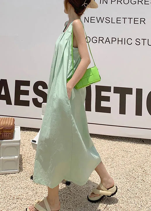 Organic Green Backless Pockets Cotton Long Dresses Summer