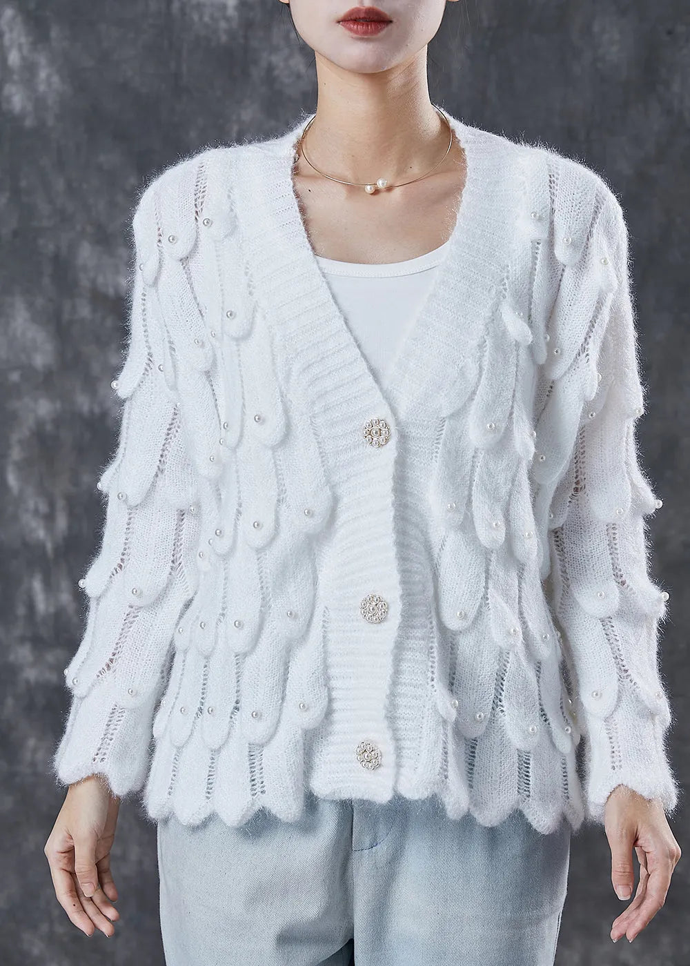 White Cozy Knit Cardigan V Neck Nail Bead Spring