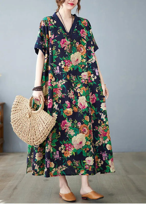 Art Navy Print Cotton Dress Oversized Summer