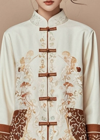 Beige Print Stand Collar Fall Coats
