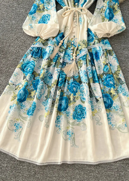 Blue Patchwork Lace Dress Tie Waist Lantern Sleeve