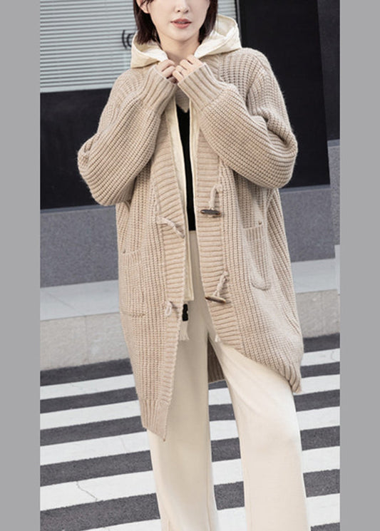 Simple Beige Button Fake Two Pieces Cotton Knit Hooded Coats Spring