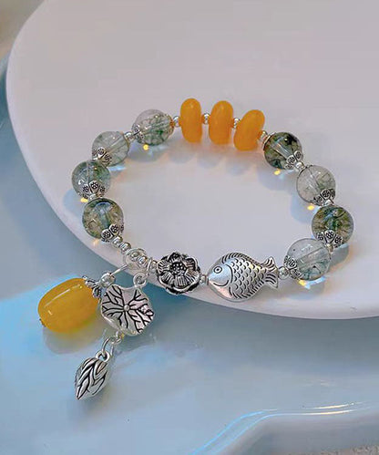 Silk Sterling Silver Crystal Little Fish Playing With Lotus Tassel Charm Bracelet
