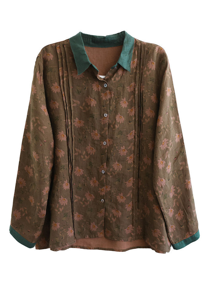Peter Pan Collar Print Button Linen Shirt Long Sleeve
