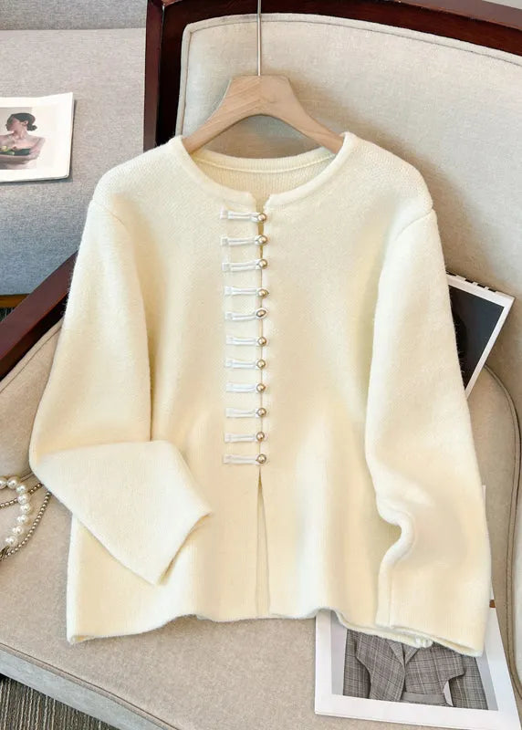 White O-neck Chinese Button Knit Cardigans Winter