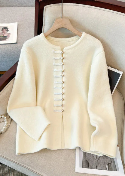 White O-neck Chinese Button Knit Cardigans Winter