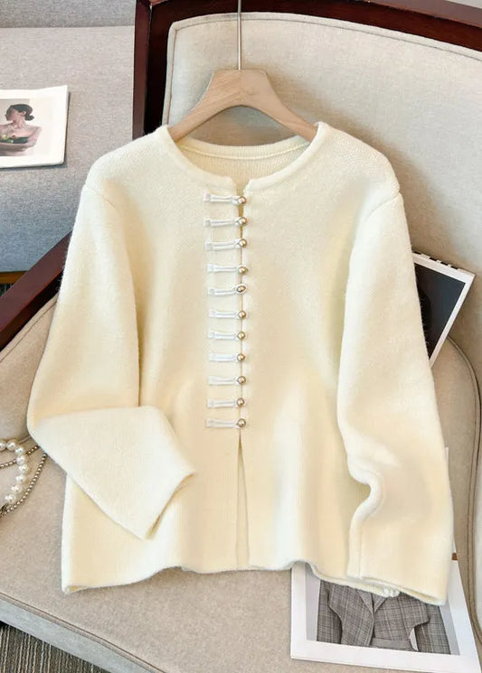 White O-neck Chinese Button Knit Cardigans Winter