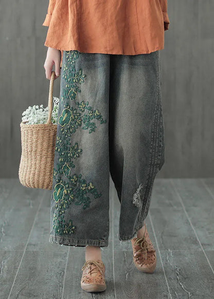 Blue Hole Embroidered Denim Cotton Wide Leg Pants Spring