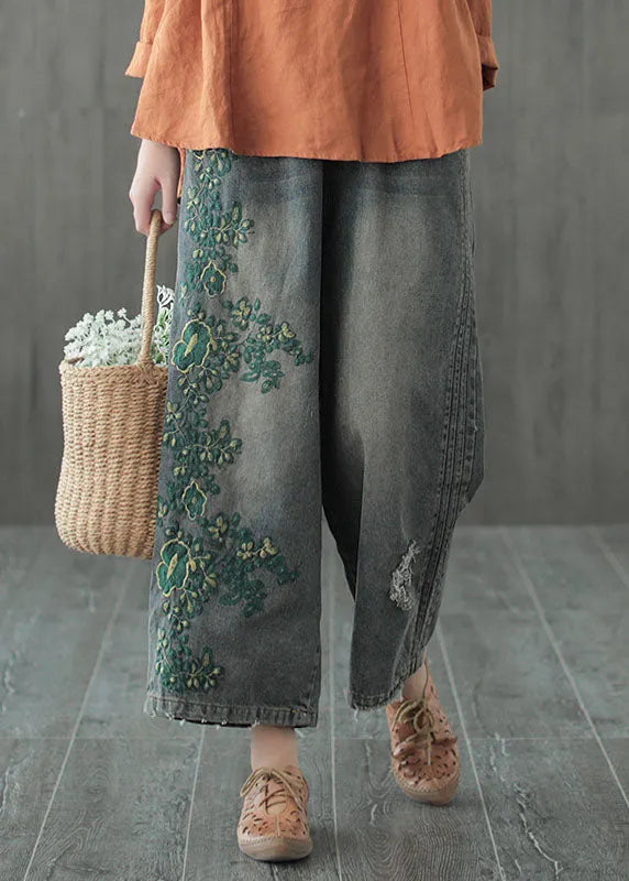 Blue Hole Embroidered Denim Cotton Wide Leg Pants Spring
