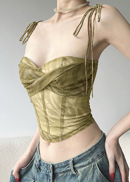 Green Cold Shoulder Tulle Spaghetti Strap Short Vest Sleeveless