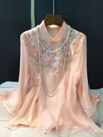 Lotus Pink Embroidery Mock Neck Fog Button 3/4 Sleeve Loose Shirt