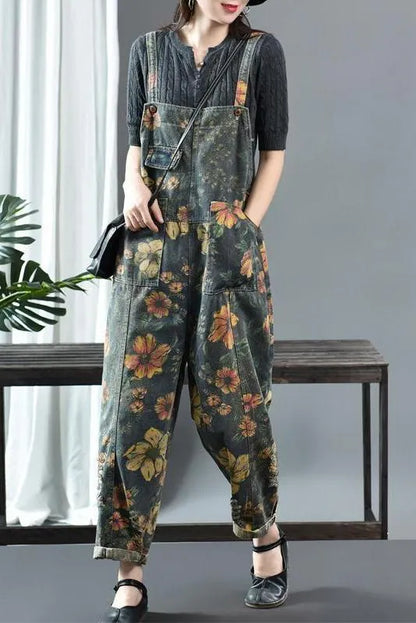 Limited Stock- Flower Print Denim Cotton Jumpsuit Dungarees