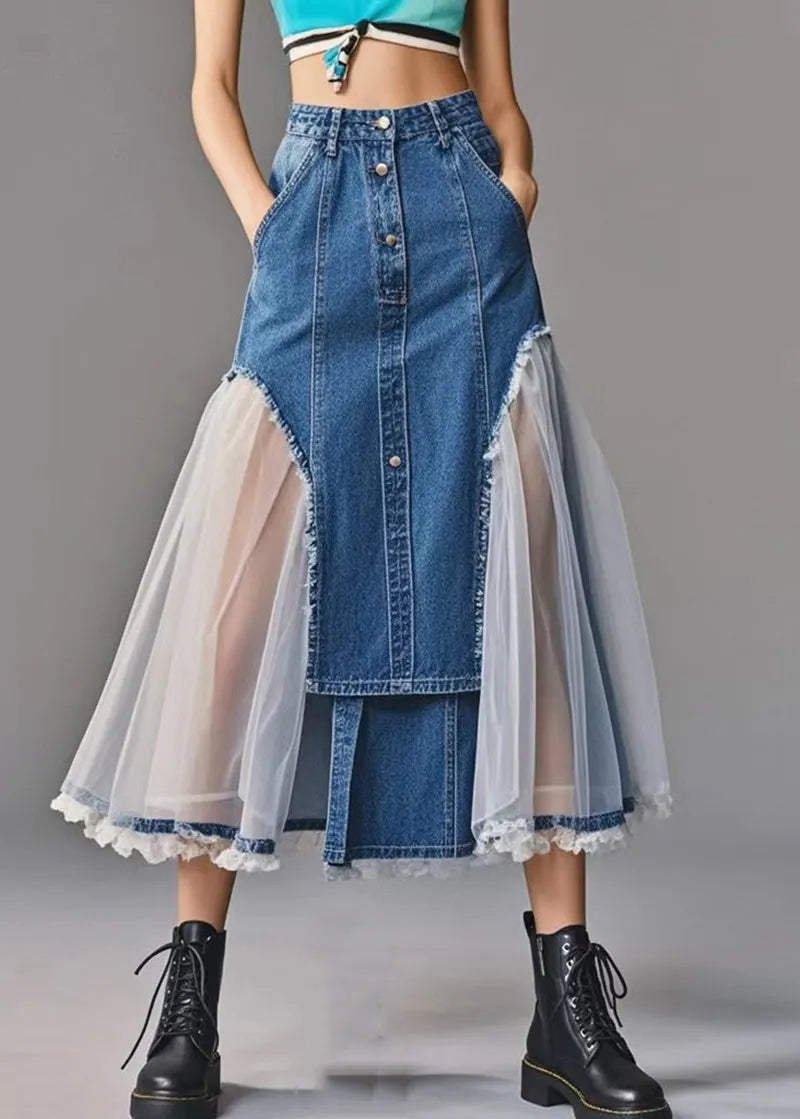 Art Blue Silm Fit Patchwork Tulle Denim a Line Skirt Spring