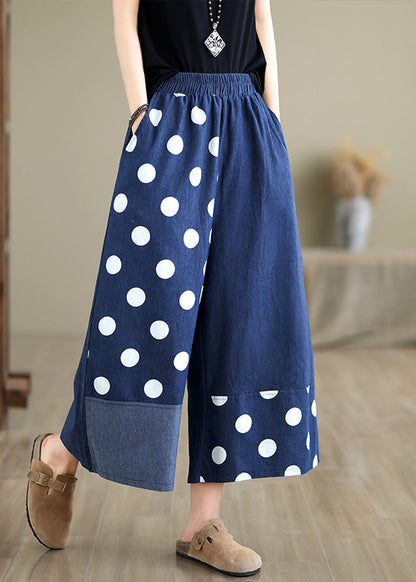 Blue Asymmetrical Patchwork Dot Print Pockets Wide Leg Pants Summer
